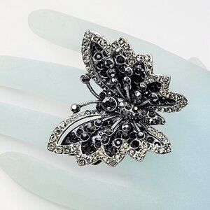 VINTAGE Black Rhinestones Large Butterfly Stretch Ring